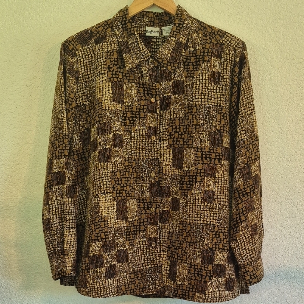 Vtg BonWorth Brown & Cream Geometric Animal Print Long Sleeve Button Up Blouse
